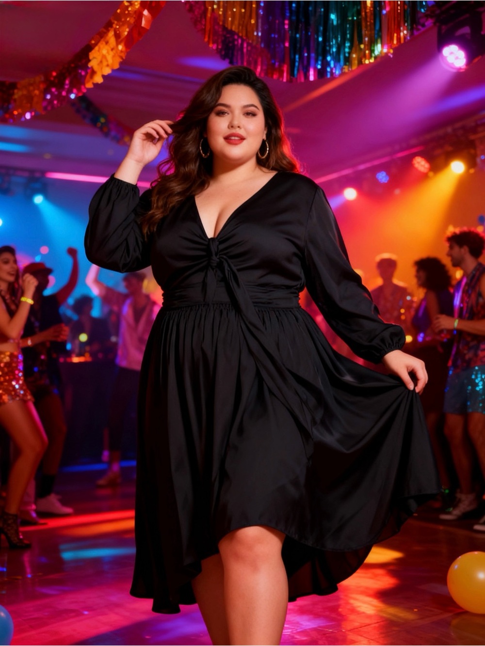 Plus-Size Black Long-Sleeve Twist-Front Midi Dress